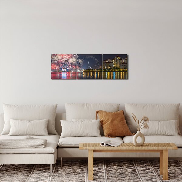 Obraz ohňostroje v singapuru (s hodinami) (90x30 cm)