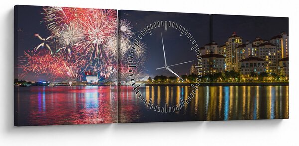 Obraz ohňostroje v singapuru (s hodinami) (90x30 cm)