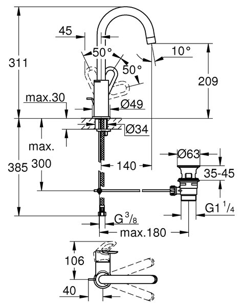 GROHE BauLoop - Páková umyvadlová baterie DN15, Velikost L, Chrom 23763000