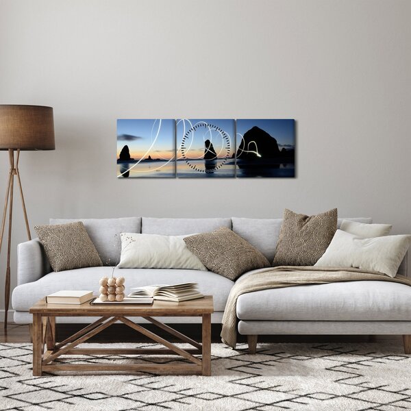 Obraz - pláž při západu (s hodinami) (90x30 cm)