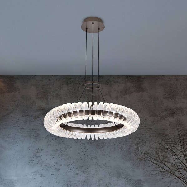 Viokef LED závěsné světlo Alba, šedá kartáčovaná/čirá, Ø 60 cm, kov/akryl, Čirá / transparetní, Obývací pokoj / jídelna, Plast, Moderní