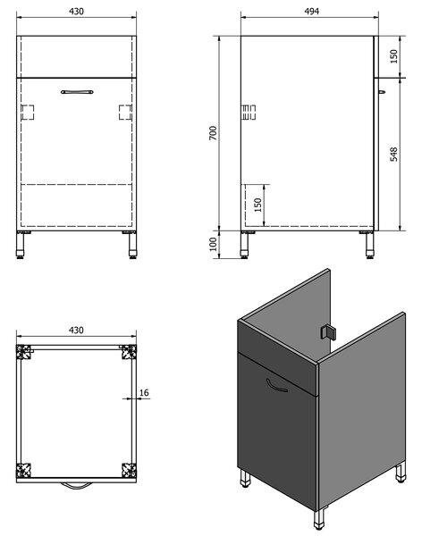 Aqualine Aqualine, Skříňka pod výlevku 43x70x47, 8cm, bílá, 57034
