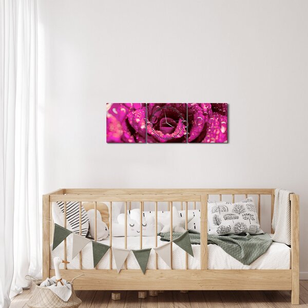 Obraz růžového květu růže (s hodinami) (90x30 cm)