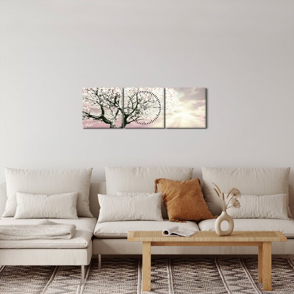 Růžový obraz stromu (s hodinami) (90x30 cm)