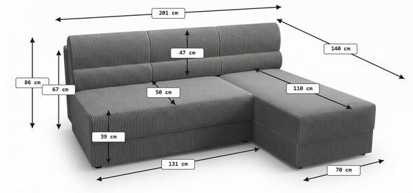 Rozkládací oboustranná sedací souprava do L TAVERO SLIM 201x140 cm, tmavě modrá