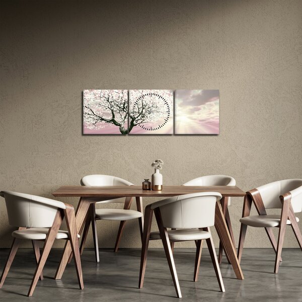 Růžový obraz stromu (s hodinami) (90x30 cm)
