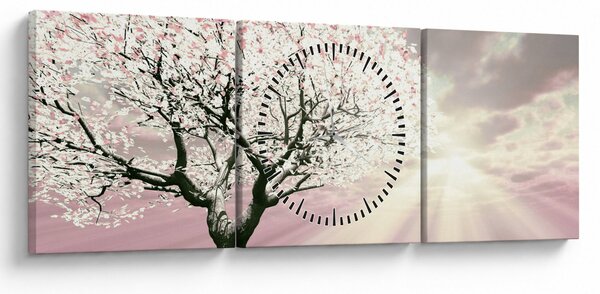 Růžový obraz stromu (s hodinami) (90x30 cm)