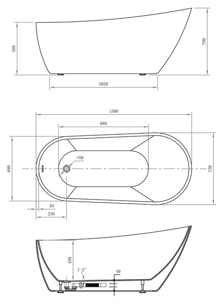 Aqualine Aqualine, TISA volně stojící vana 150x75 cm, bílá, E1575