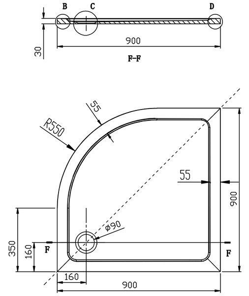 TECMI sprchová vanička z litého mramoru, čtvrtkruh 90x90cm, R550, bílá