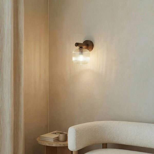 TK Lighting Nástěnné světlo Salvia, hnědé/koňakové, sklo, výška 20 cm, E14, stmívatelný, Tmavé dřevo, Obývací pokoj / jídelna, Dřevo