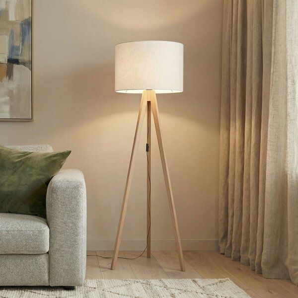 TK Lighting Stojací lampa Grand, krémová/borovice, výška 145 cm, E27, Světlé dřevo, Obývací pokoj / jídelna, Dřevo, Moderní, Lampa trojnožka