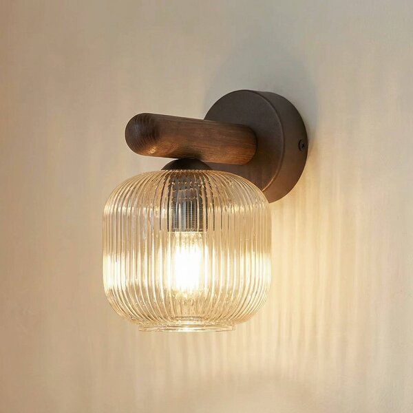 TK Lighting Nástěnné světlo Salvia, hnědé/koňakové, sklo, výška 20 cm, E14, stmívatelný, Tmavé dřevo, Obývací pokoj / jídelna, Dřevo