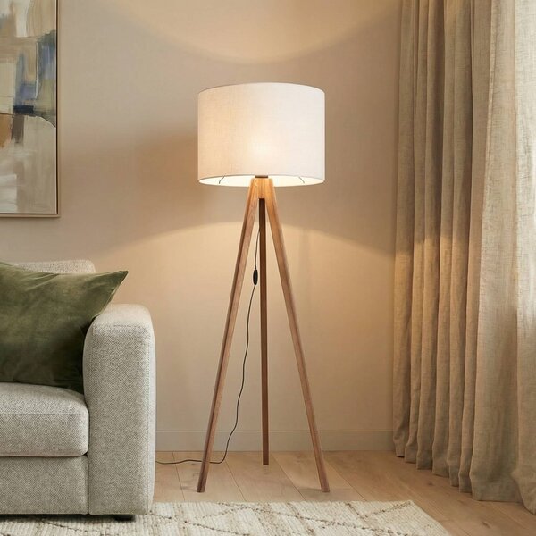 TK Lighting Stojací lampa Grand, krémová/ořechová, výška 145 cm, E27, Tmavé dřevo, Obývací pokoj / jídelna, Dřevo, Moderní, Lampa trojnožka