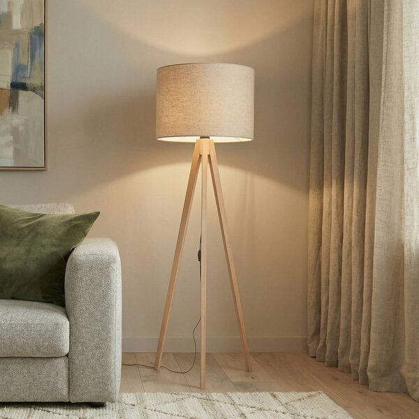 TK Lighting Stojací lampa Grand, béžová/borovice, výška 145 cm, E27, Světlé dřevo, Obývací pokoj / jídelna, Dřevo, Moderní, Lampa trojnožka