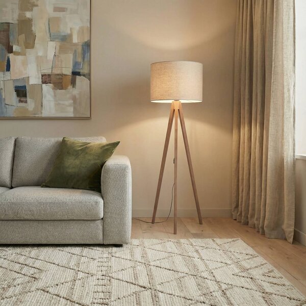 TK Lighting Stojací lampa Grand, béžová/ořech, výška 145 cm, E27, Tmavé dřevo, Obývací pokoj / jídelna, Dřevo, Moderní, Lampa trojnožka