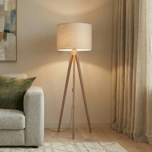 TK Lighting Stojací lampa Grand, béžová/ořech, výška 145 cm, E27, Tmavé dřevo, Obývací pokoj / jídelna, Dřevo, Moderní, Lampa trojnožka