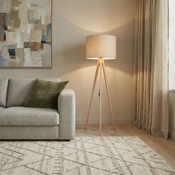 TK Lighting Stojací lampa Grand, béžová/borovice, výška 145 cm, E27, Světlé dřevo, Obývací pokoj / jídelna, Dřevo, Moderní, Lampa trojnožka