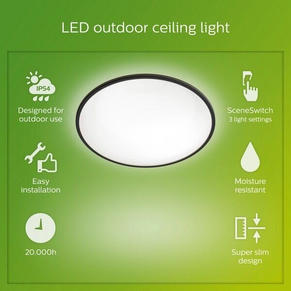 Philips 8719514418011 SuperSlim venkovní stropní svítidlo LED 15W/1500lm 4000K IP54 černá SceneSwitch