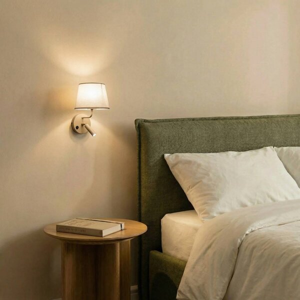 TK Lighting Nástěnné světlo Maja, pískové, textilní, lampa na čtení, výška 25 cm, stmívatelný, Krémová / jantar, Ložnice, Textil / tkanina / hedvábí