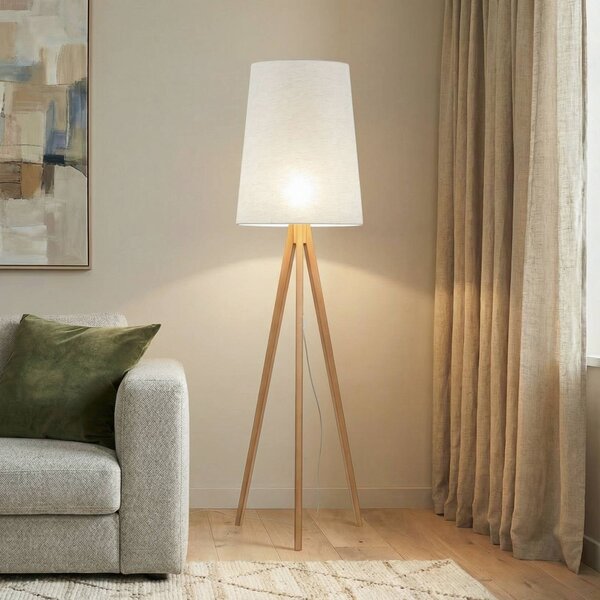 TK Lighting Stojací lampa Walz, krémová, dřevo, výška 175 cm, E27, Světlé dřevo, Obývací pokoj / jídelna, Dřevo, Moderní, Lampa trojnožka