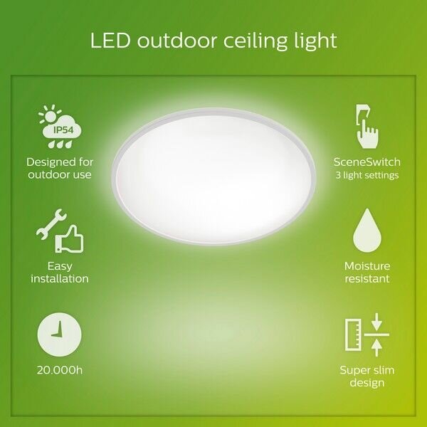 Philips 8719514417953 SuperSlim venkovní stropní svítidlo LED 15W/1300lm 2700K IP54 bílá SceneSwitch