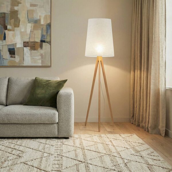 TK Lighting Stojací lampa Walz, krémová, dřevo, výška 175 cm, E27, Světlé dřevo, Obývací pokoj / jídelna, Dřevo, Moderní, Lampa trojnožka
