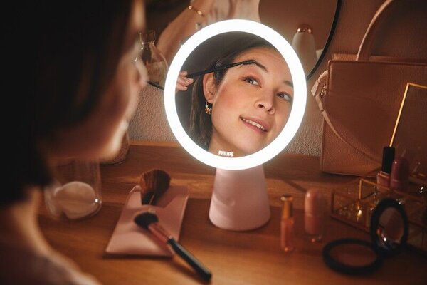 Philips 8719514420458 Mirror stolní dotyková kosmetická lampička se zrcadlem LED 4,5W/60lm 3000-5000K USB růžová stmívatelná