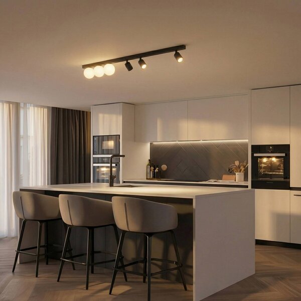 TK Lighting Stropní světlo Vox, 6 žárovek, sklo, černé, délka 159 cm, stmívatelný, Černá, Obývací pokoj / jídelna, Sklo