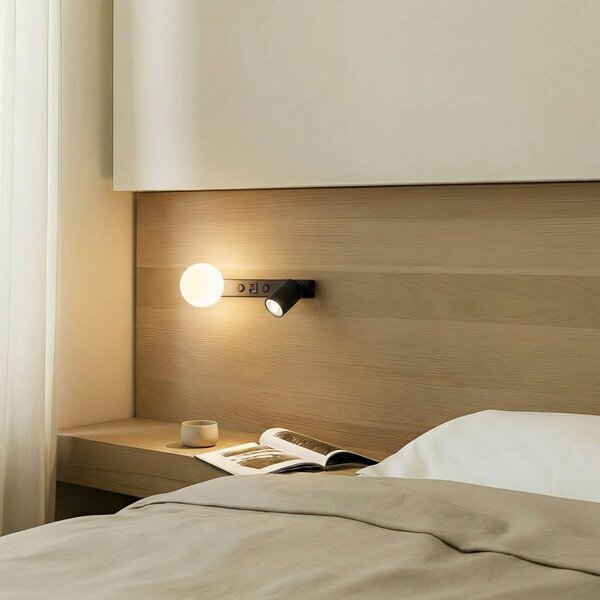 TK Lighting Nástěnné světlo Vox, černé, sklo, šířka 35 cm, USB, stmívatelný, Černá, Obývací pokoj / jídelna, Sklo