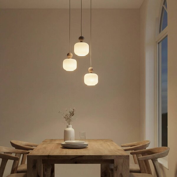 TK Lighting Závěsné světlo Ballo, 3 žárovky, bílé, sklo, Ø 35 cm, stmívatelný, Krémová / jantar, Obývací pokoj / jídelna, Sklo