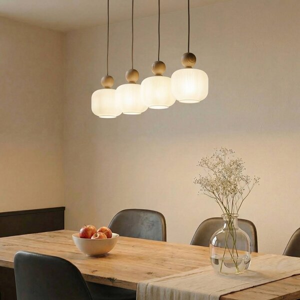 TK Lighting Závěsné světlo Ballo, 4 žárovky, béžové, sklo, délka 80 cm, stmívatelný, Krémová / jantar, Obývací pokoj / jídelna, Sklo