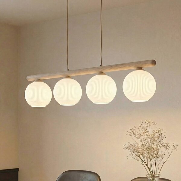 TK Lighting Závěsné světlo Virlo, 4 žárovky, dřevo, opálové sklo, délka 95 cm, stmívatelný, Světlé dřevo, Obývací pokoj / jídelna, Sklo