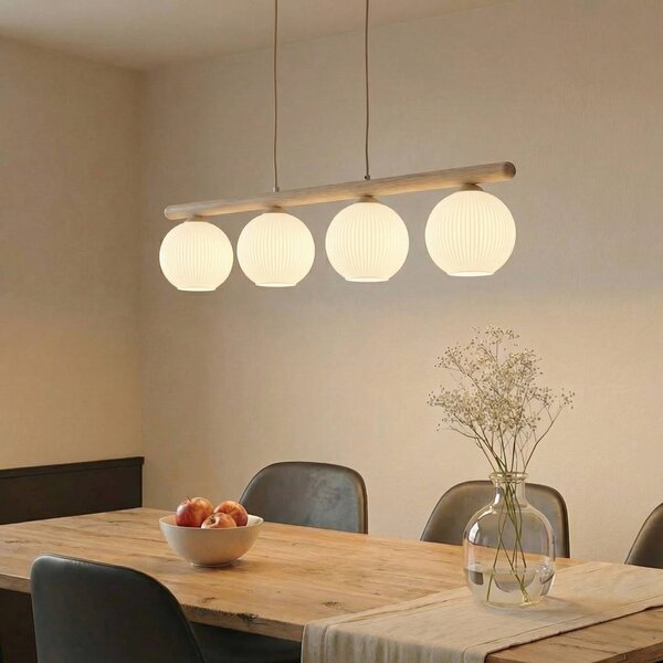 TK Lighting Závěsné světlo Virlo, 4 žárovky, dřevo, opálové sklo, délka 95 cm, stmívatelný, Světlé dřevo, Obývací pokoj / jídelna, Sklo