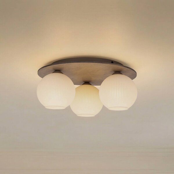 TK Lighting Stropní světlo Virlo, 3 žárovky, opálové sklo, dřevo, Ø 42 cm, stmívatelný, Světlé dřevo, Obývací pokoj / jídelna, Sklo
