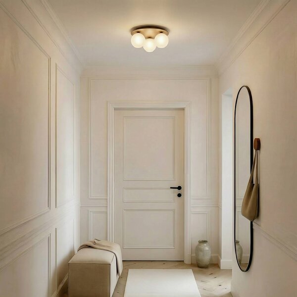 TK Lighting Stropní světlo Virlo, 3 žárovky, opálové sklo, dřevo, Ø 42 cm, stmívatelný, Světlé dřevo, Obývací pokoj / jídelna, Sklo