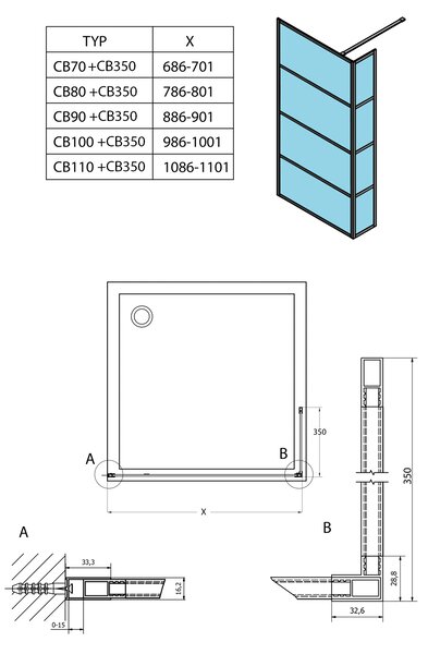 Gelco Gelco, CURE BLACK přídavný panel 350 mm, čiré sklo, CB350