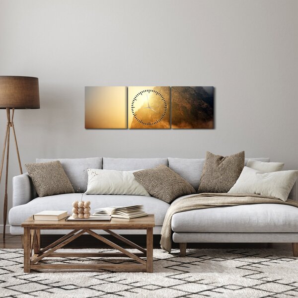 Obraz hory v mlze (s hodinami) (90x30 cm)