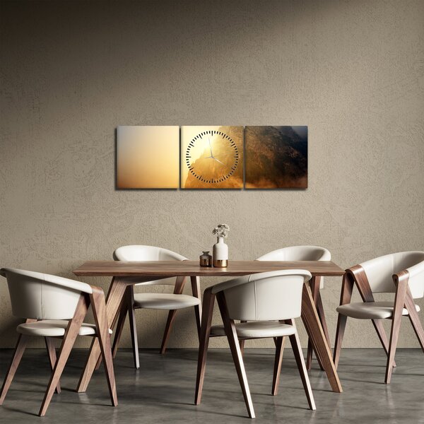 Obraz hory v mlze (s hodinami) (90x30 cm)