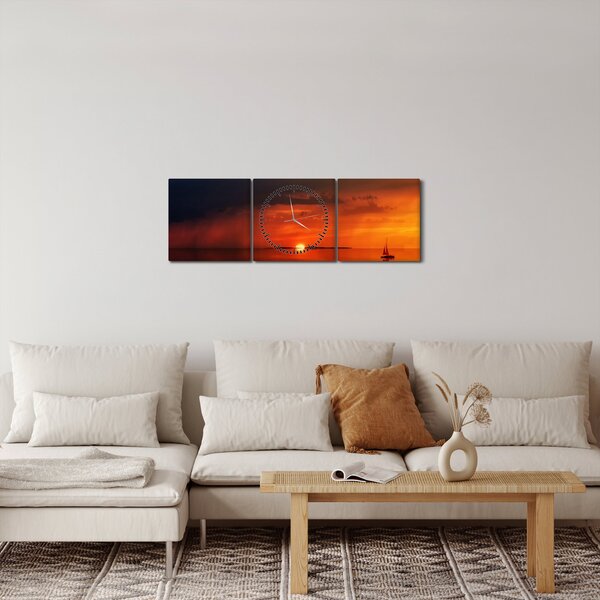 Obraz západu slunce s plachetnicí (s hodinami) (90x30 cm)