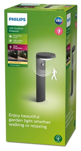 Philips 8719514476851 Tyla exteriérový sloupek LED se senzorem 9W 820lm/180lm 2700K antracit