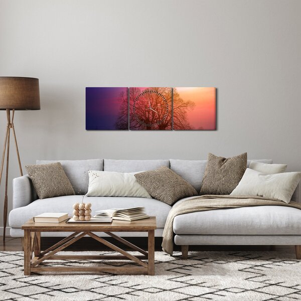 Obraz stromů v mlze (s hodinami) (90x30 cm)