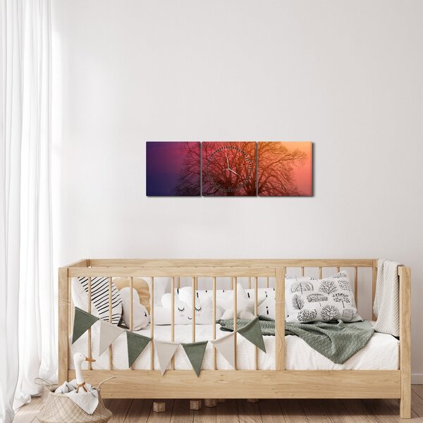 Obraz stromů v mlze (s hodinami) (90x30 cm)