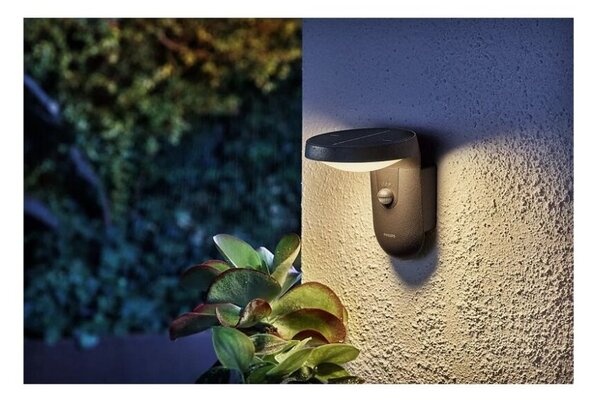 Philips 8719514476912 Tyla solární exteriérové nástěnné svítidlo LED se senzorem 1,2W 255lm/55lm 3000K antracit