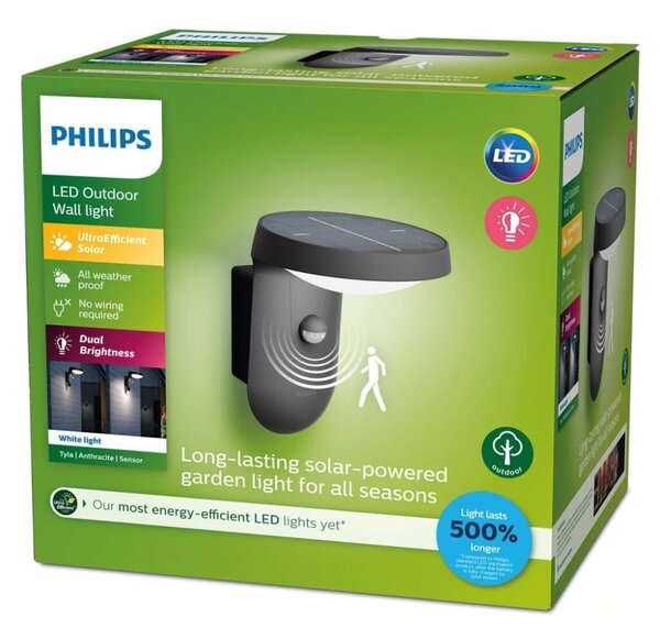 Philips 8719514476912 Tyla solární exteriérové nástěnné svítidlo LED se senzorem 1,2W 255lm/55lm 3000K antracit