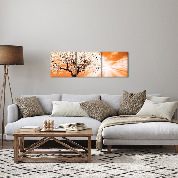Oranžový obraz stromu (s hodinami) (90x30 cm)