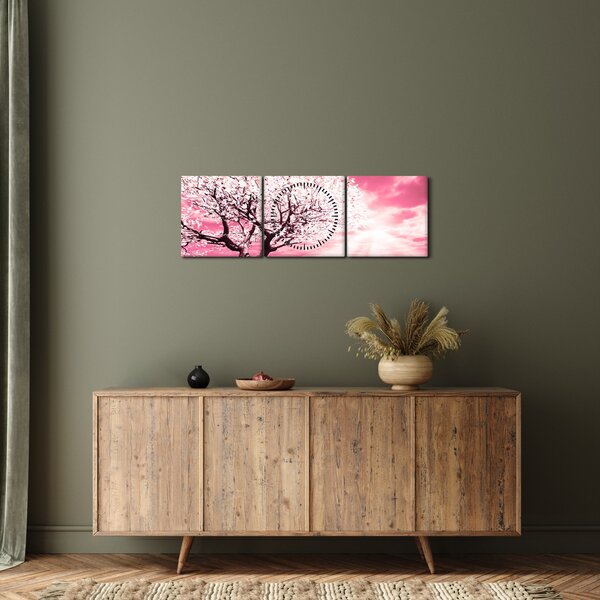 Růžový obraz stromu (s hodinami) (90x30 cm)