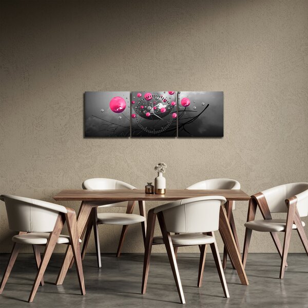 Obraz růžových abstraktních koulí (s hodinami) (90x30 cm)