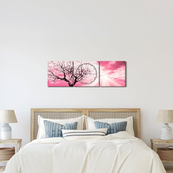 Růžový obraz stromu (s hodinami) (90x30 cm)