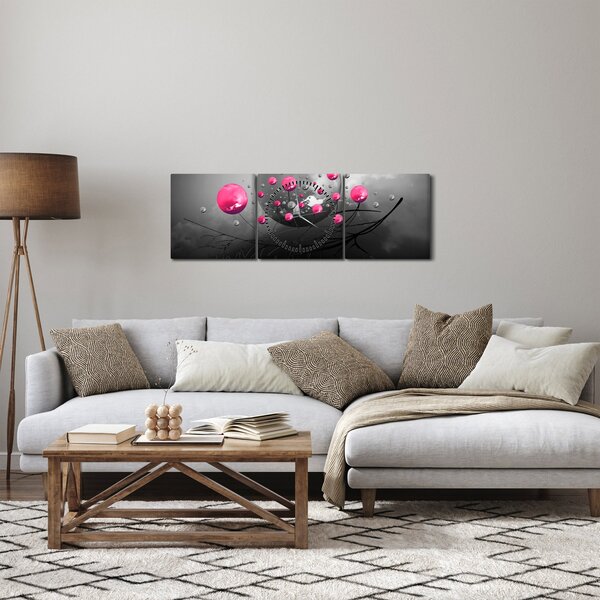 Obraz růžových abstraktních koulí (s hodinami) (90x30 cm)