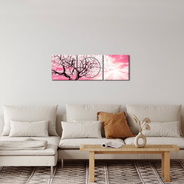 Růžový obraz stromu (s hodinami) (90x30 cm)